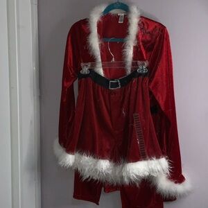 Fun naughty Santa helper costume feather boa Trim jacket n shorts